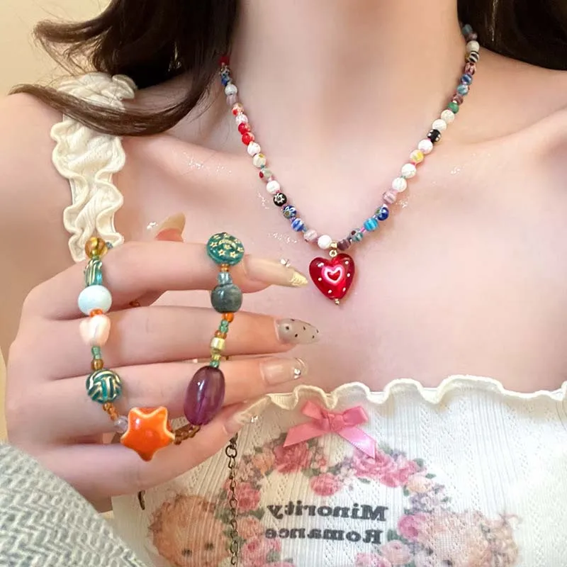 Bohemian Colorful Glaze Bead Choker Necklace For Women Vintage Red Heart Star Pendant Necklace Hawaii Beach Jewelry 2024 New