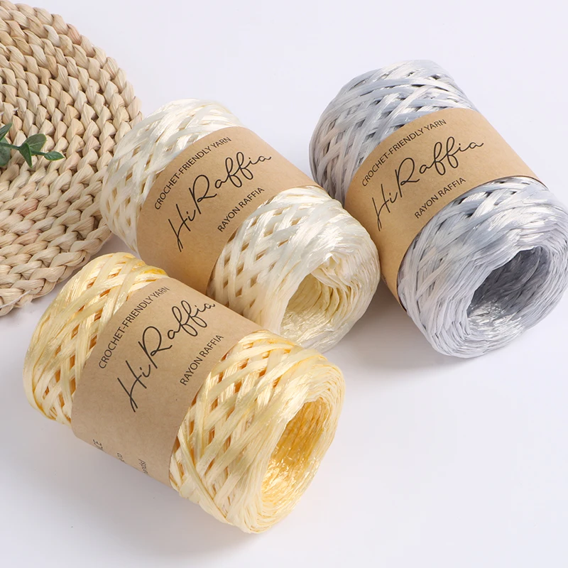 80M Metallic Shiny Natural Raffia Straw Yarn For Hand-knitted Crochet Grass Paper Hat HandBag Cushion Baskets Thread Summer DIY