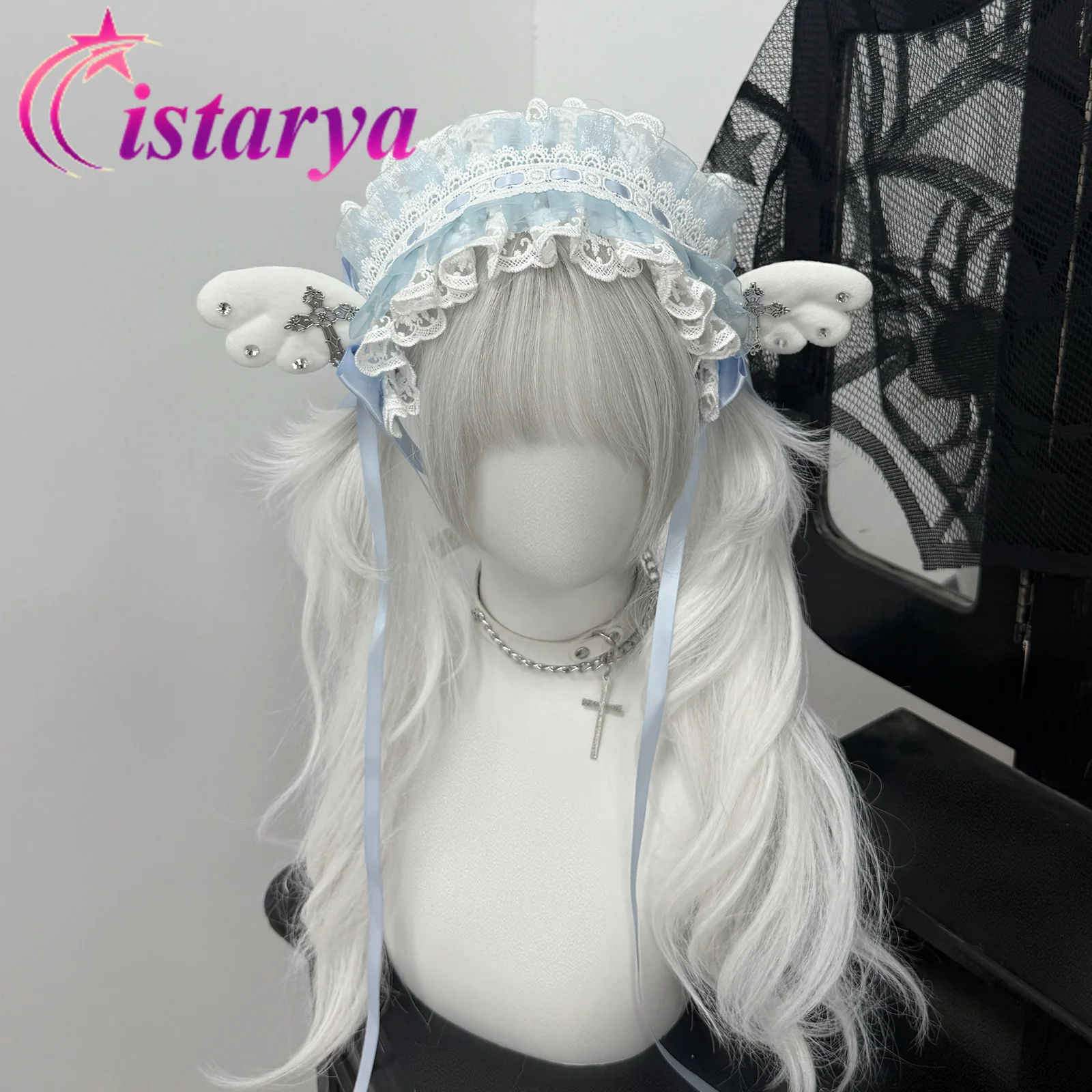 

Лолита Kawaii девушка кружево Крылья ангела цветок головной убор Y2K Harajuku панк крест косплей вечерние повязка для волос японская милая повязка на голову