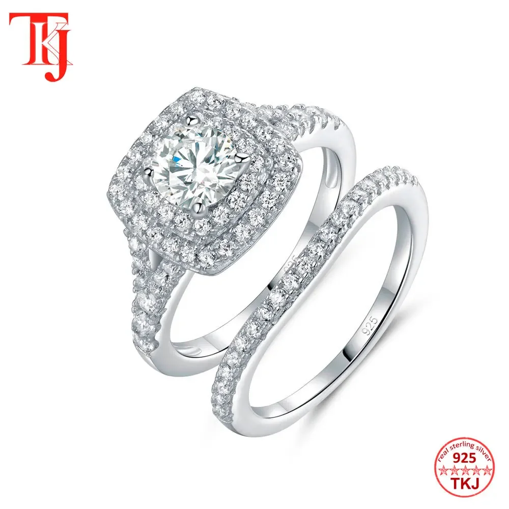 

TKJ Fashion Set Ring Large White Sparkling Cubic Zirconia 925 Sterling Silver 6.0mm 2 Piece Wedding Ring Set Women Gift