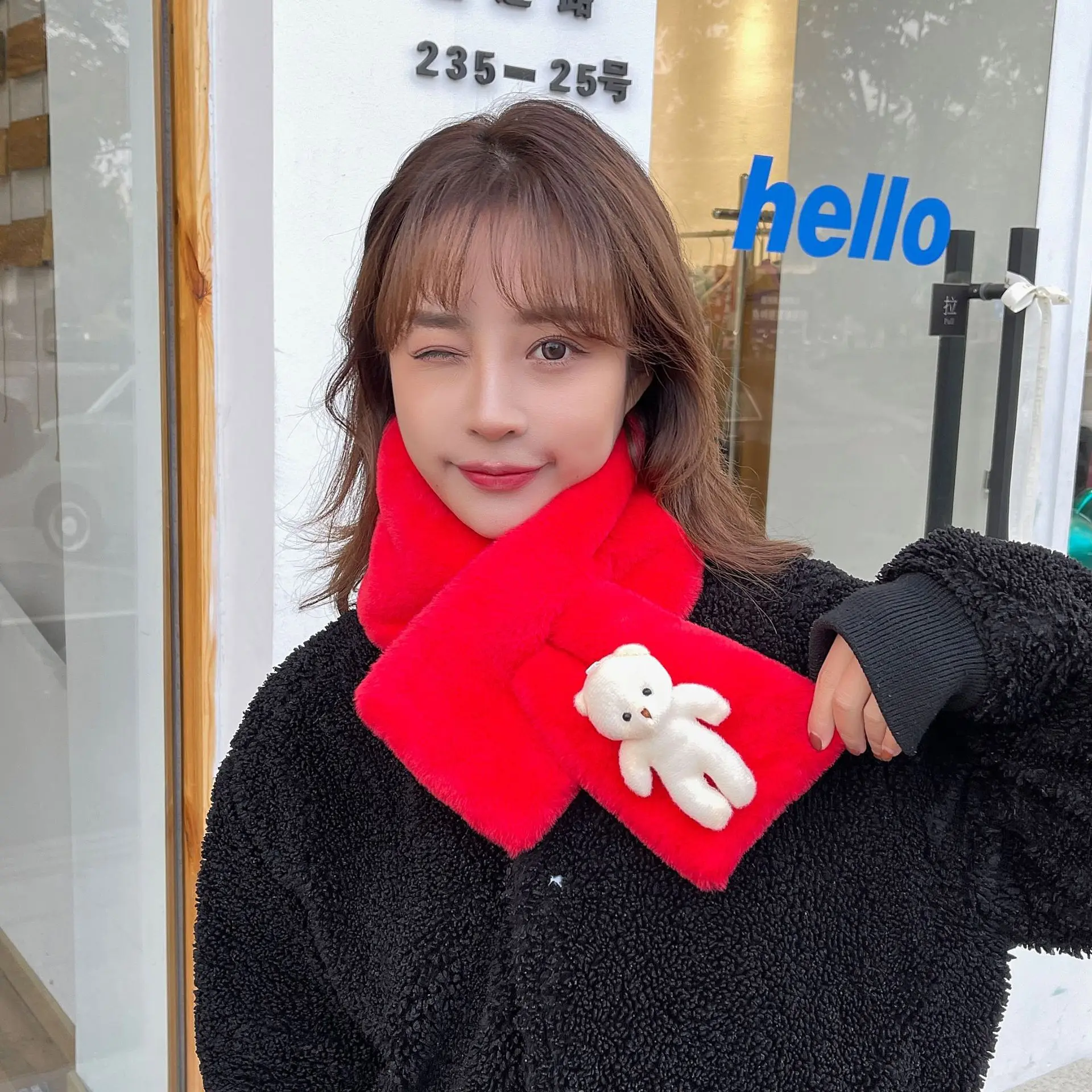 Color Optional Scarf Female Autumn Winter Wind Season Korean Version Of Cute Bear Plush Students With Thick Warm Cross Neck2023