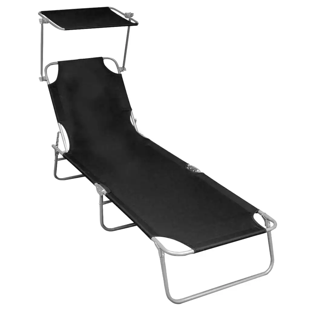 Outdoor Patio Garden Folding Sun Lounger bed Lounge Chairs Outside Deck Decor with Canopy Black Aluminium