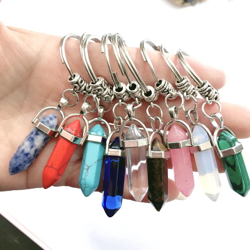 Hexagonal Column Natural Stone Keychain For Women Personality Healing Crystal Keychain Quartz Opal Stone Car Bag Keychain Charms