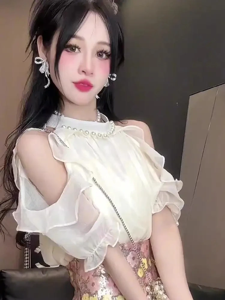 

Модная шифоновая блузка с круглым вырезом и бисером, женская летняя блузка 202, однотонные топы с рюшами и открытыми плечами, нежные шикарные универсальные рубашки