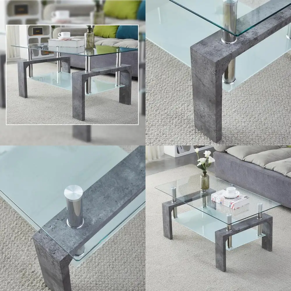 

Classic Grey Marble Rectangle Glass Coffee Table - Simple Design, Easy Assembly, 39.5x23.5x17.5 inches for Modern Living