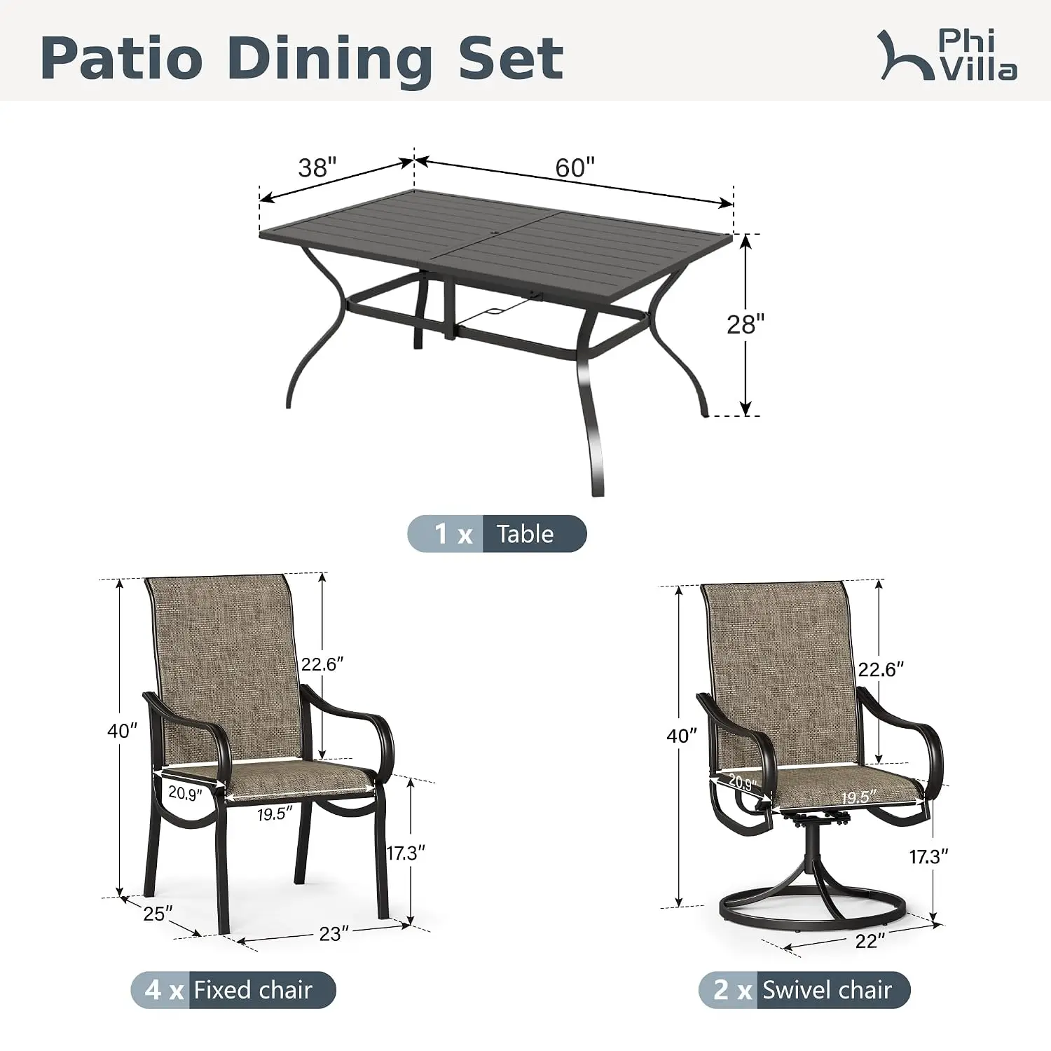7 Pcs Outdoor Dining Set, Mesh Patio Chairs & Metal Table for 6, Customized