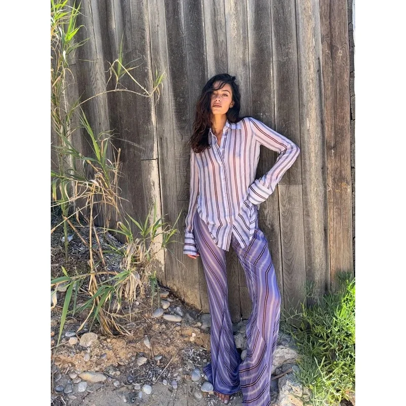 Sheer Women Striped 2 Piece Set Lapel Long Sleeve Button Shirt Flare Pants Suit Casual Vacation See Through Outfits 2026 Summer
