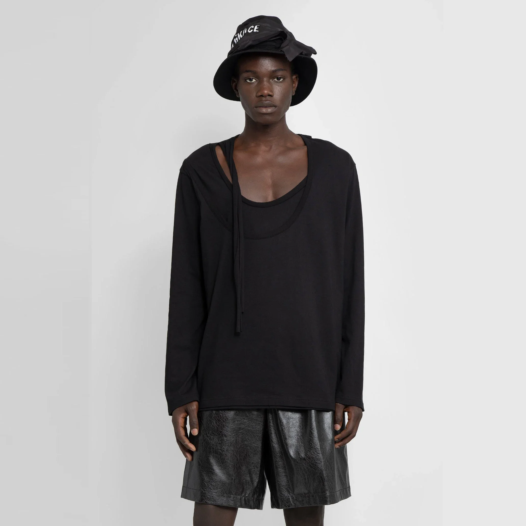 

YOJ OOAK COTTION ЯПОНИЯ Двухслойная смешанная футболка с длинными рукавами и длинными рукавами со сращенными необработанными краями