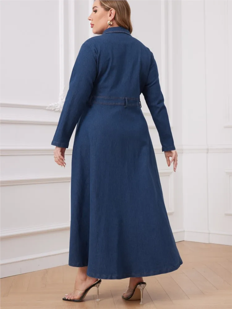 Plus Size Denim Autumn Winter Long Dress Women Ruffle Pleated Fashion Loose Ladies Dresses Long Sleeve Woman Shirts Dress 2023