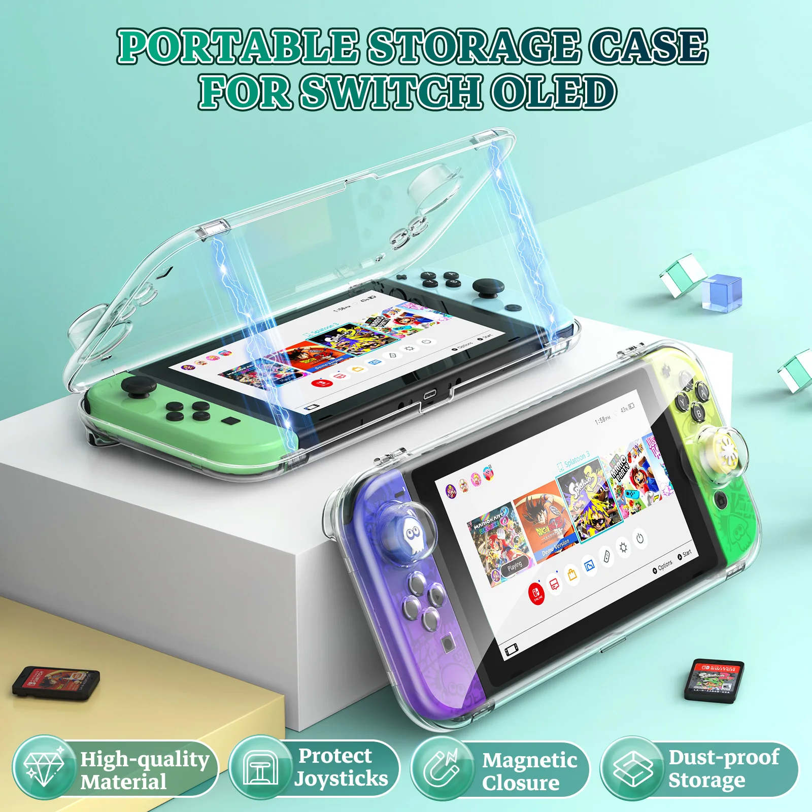 IINE Transparent PC Storage Case for Switch OLED Magnetic Closure Dust-proof Material