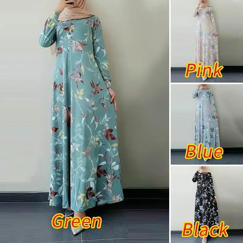 2025 Nieuwe Moslim Abaya Jurk Vintage Print Gewaad Femme Musulman Ronde Hals Grote Schommel Vrouwen Jurk voor Europa Amerika Dubai Marokko