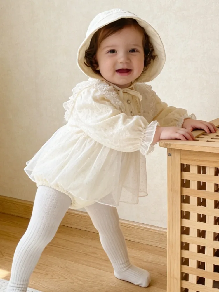Cute baby clothes autumn baby girl princess jumpsuit one year old dress O-neck Solid Full flared sleeve mesh dress Rompers