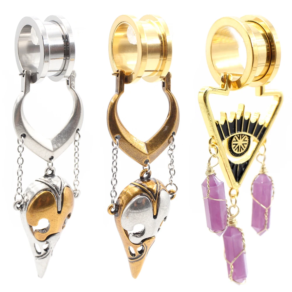 Alisouy 1PC dziób ze stali nierdzewnej wrona czaszka trójkąt tunele do uszu korki Expander nosze Gauge kolczyki Piercing biżuteria do ciała