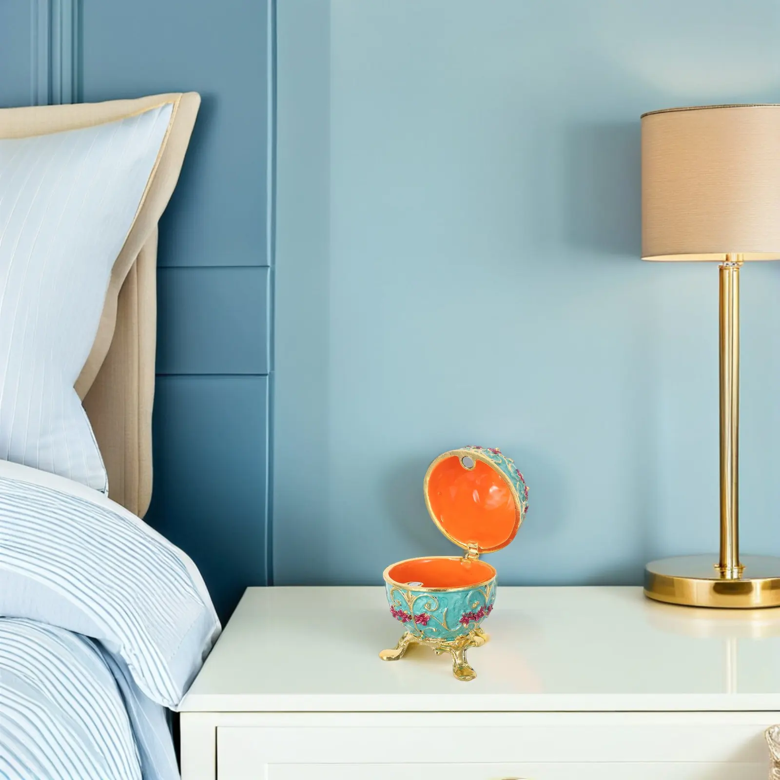 

Vintage Russian Egg Jewelry Box Enamel Trinket Box Hand Painted Metal Hinged Mini Jewelry Storage Decorative Tabletop Organizer