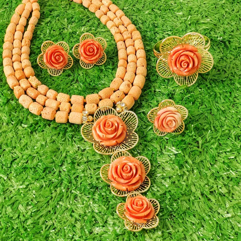 2026 4Pcs Flower Pendant Necklace Bangle Earrings Ring African Nigerian Wedding Coral Beads Jewelry Sets