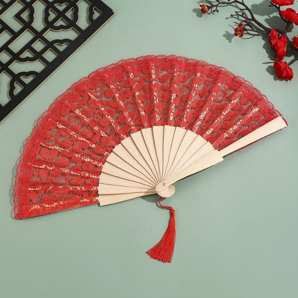 Vintage Lace Trim Folding Fan Lightweight Handheld Hollowed-Out Fan Decorative with Tassels Antiquity Folding Fans Photography