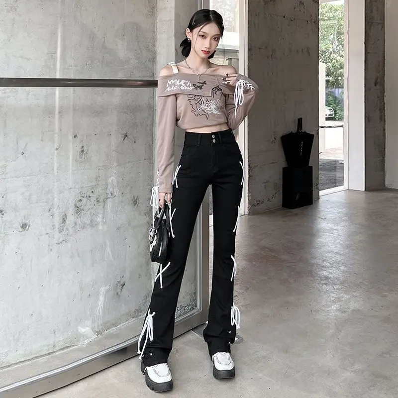 

Black Straight Jeans Women's Rope High Waist Wide Leg Pants Ankle-Tied Harajuku Baggy Jeans Streetwear Women Skinny Pants