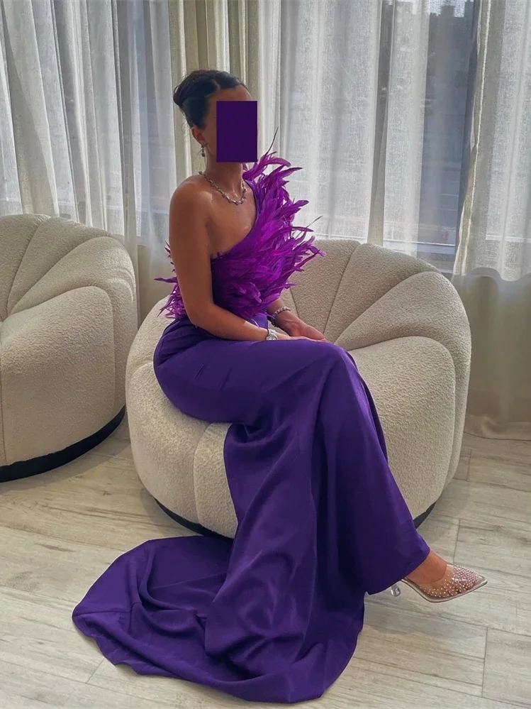 Prom Dresses Fashion One Shoulder Sheath Party Dress Floor Length Sleeveless Feathers Formal Evening Gowns 이브닝드레스 فستان سهره