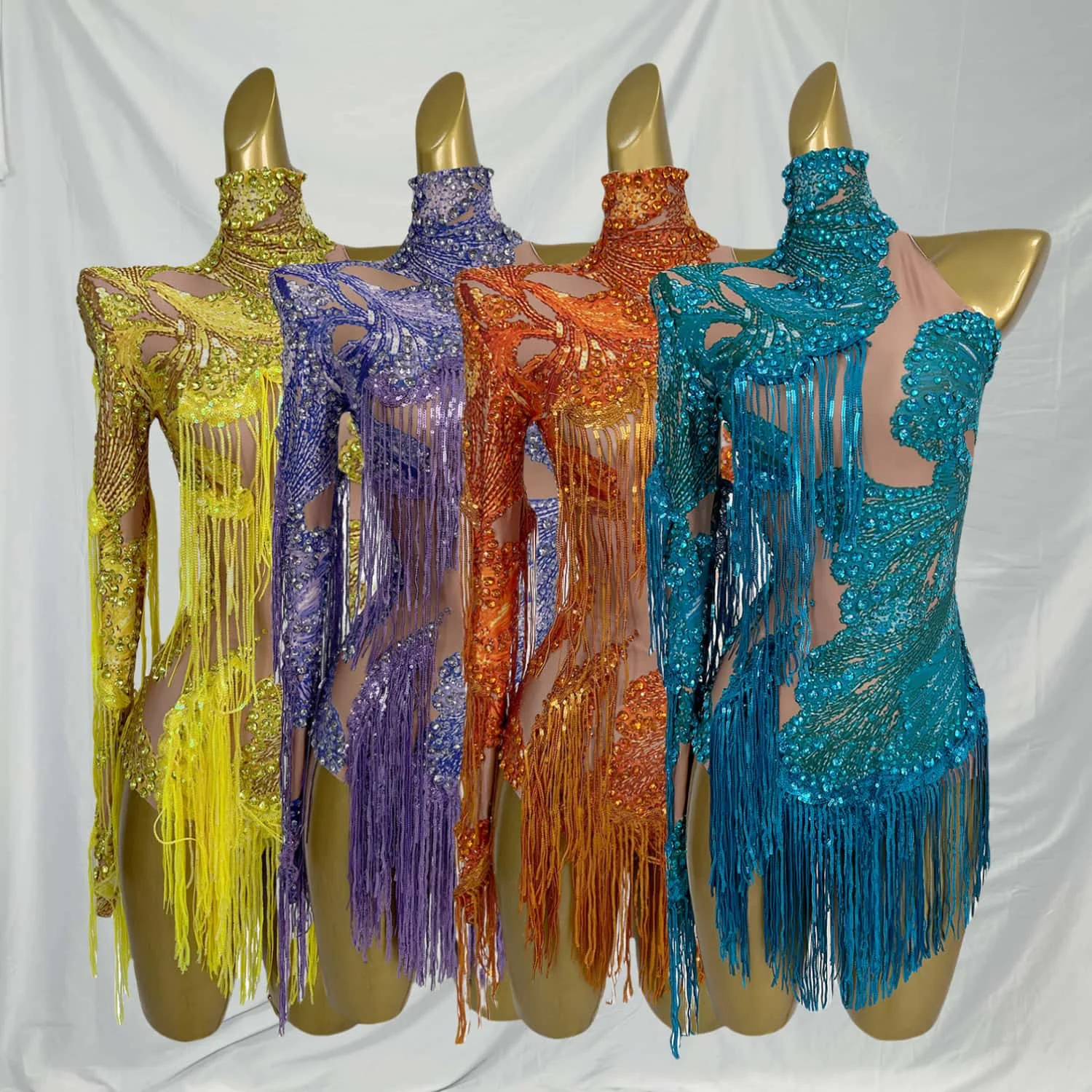 

Duxiu Sexy Womens Latin Dance Bodysuit Pole Dance Performance Costume Rhinestone Tassel Mini Skirt Birthday Cocktail Party Dress