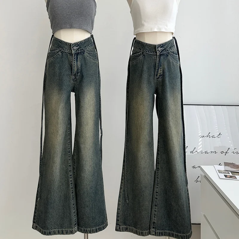 

Blue Jeans for Women Drawstring High Waist Fashion American Streetwear Vintage Wide Leg Jean Female Trouser Baggy Denim Pants