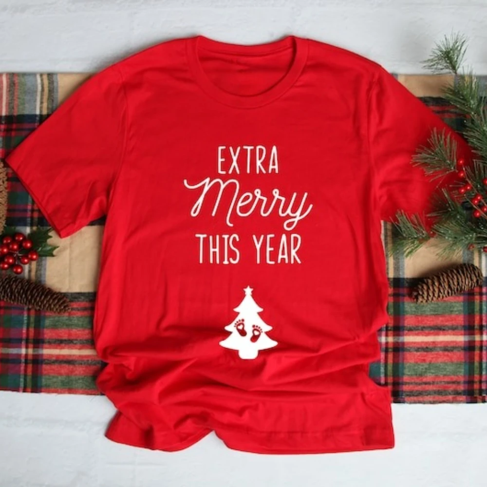 

Extra Merry This Year Happy New Year T-Shirt Pregnancy Announcement Mom To Be New Year TShirt NYE Holiday Tee Gift Women Clothes