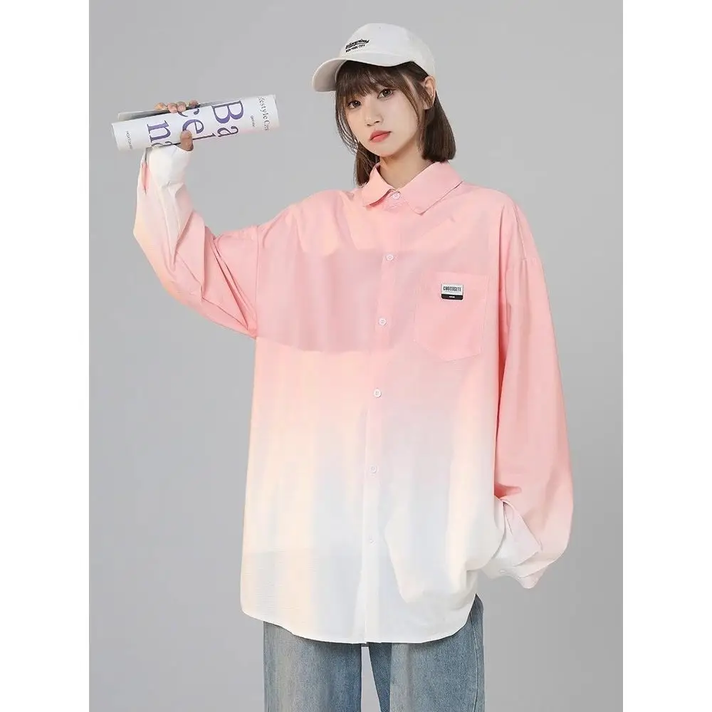 Lazy Style Gradient Color Long Sleeves Shirt for Women\'s Spring Summer New Oversized Loose Slimming Outerwear Trendy Shirt Top