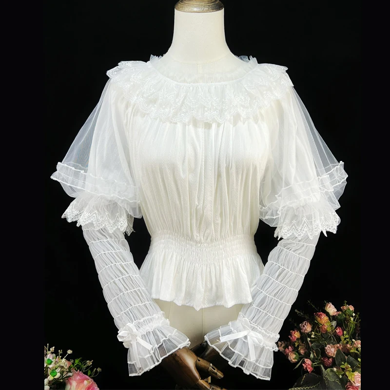 

Victorian Gothic Lolita Style Lace Ruffles Embroidery Blouse Women Y2k Vintage Long Sleeve Shirt Japanese Slim Tops Blusas Mujer