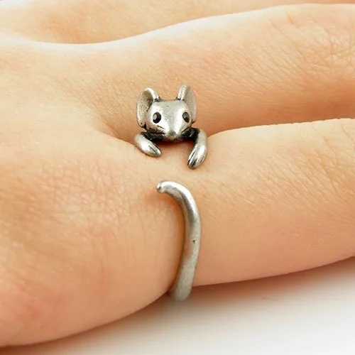 Huitan Cute Mouse Shape Open Ring for Women Antique Silver Color Modern Fashion Girls Finger Accessories Hip Hop Party Jewelry