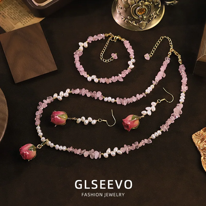 Natural Pearl Powder Flower Bud Necklace Bracelet And Earring Set – A Versatile Jewelry Wome