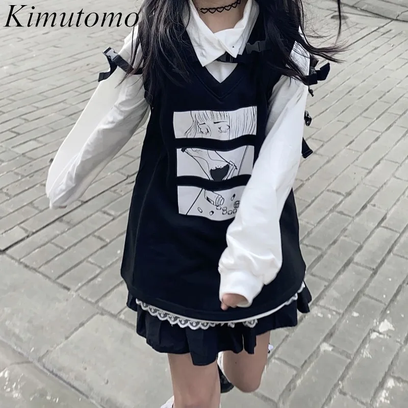 

Kimutomo Women Vests Cartoon Printing Loose Fashion Vintage Autumn New Sleeveless Top Y2k Aesthetic Harajuku Waistcoat