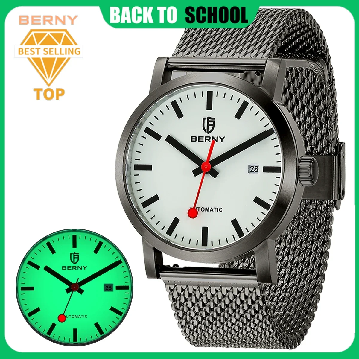 

BERNY Automatic Watch Swiss Railway Watch Men Luminous Stainless Steel Fashion MIYOTA 8215 Waterproof Mechanical Wristwatch