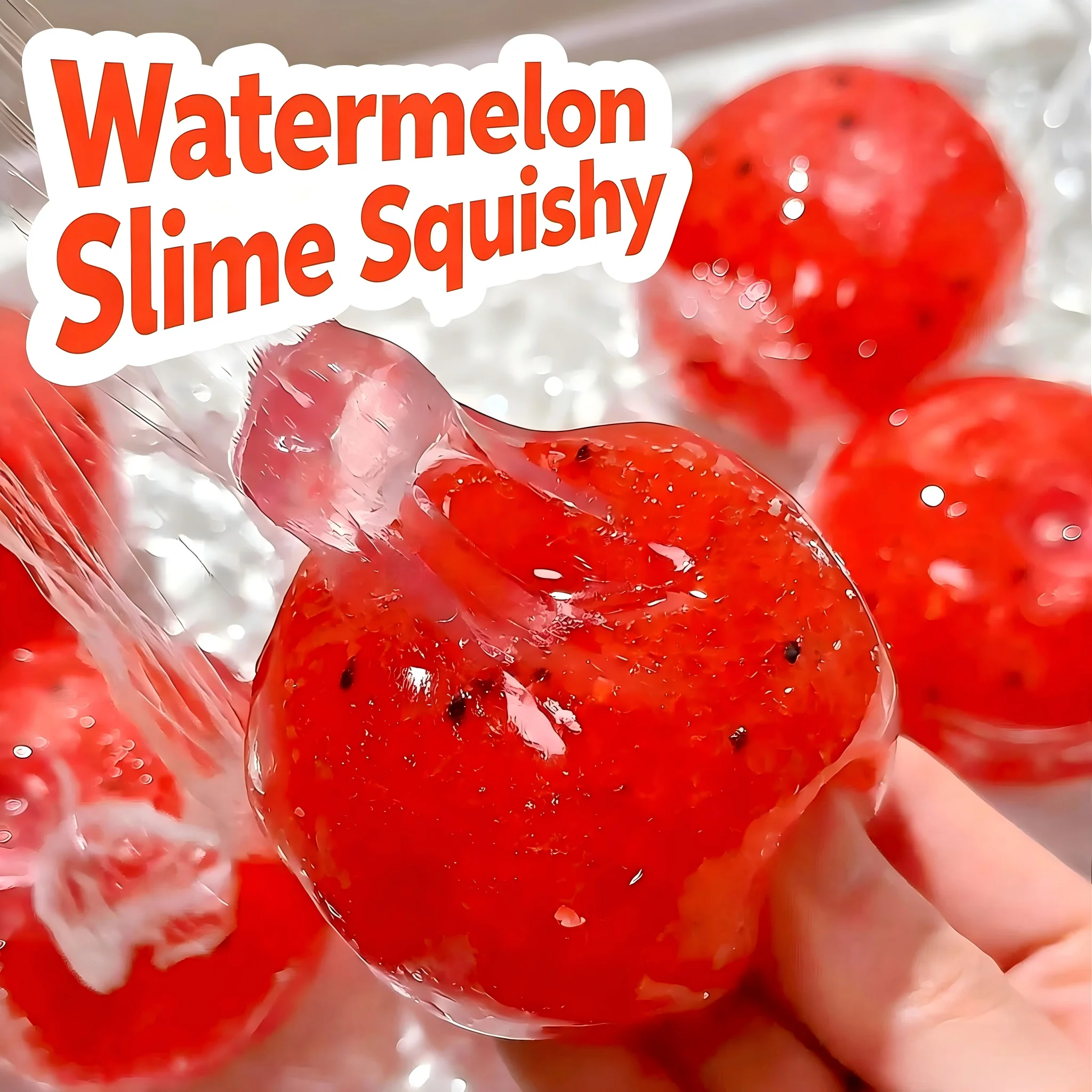 Watermelon Slime Squishy Ball, Red Transparent Stretch TPR Squeeze Toy with Black Seeds, Slime Filling Ice‑Slush Texture Gift
