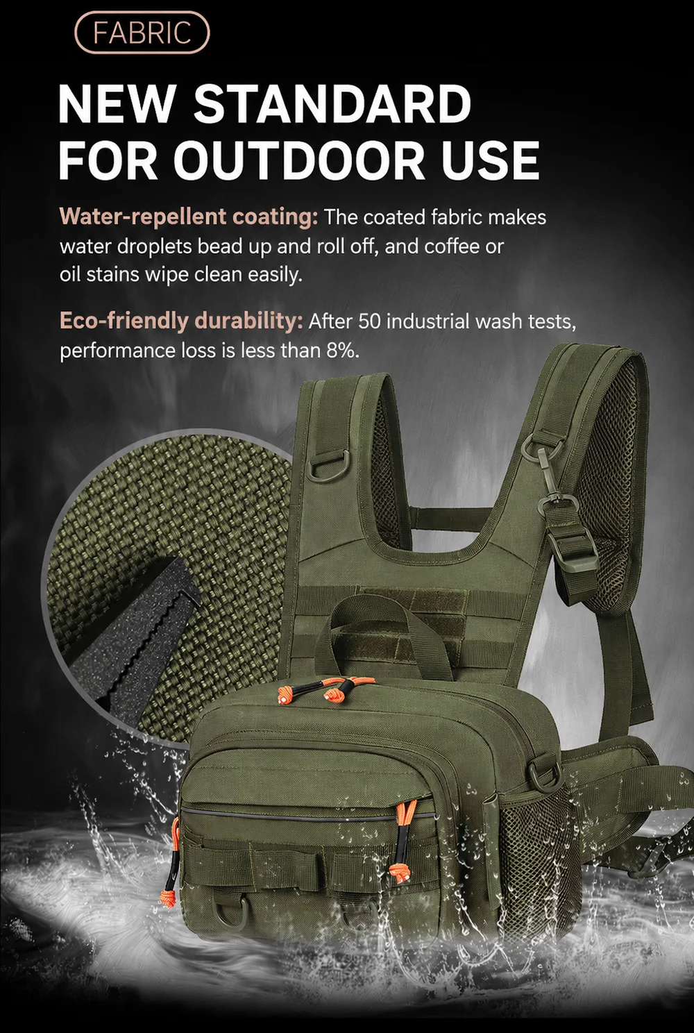 Multifunktionale Angeltasche für den Außenbereich, taktische Brusttasche mit Rutenhalter, große Kapazität, Angelzubehör-Aufbewahrungsrucksack – Detail 2