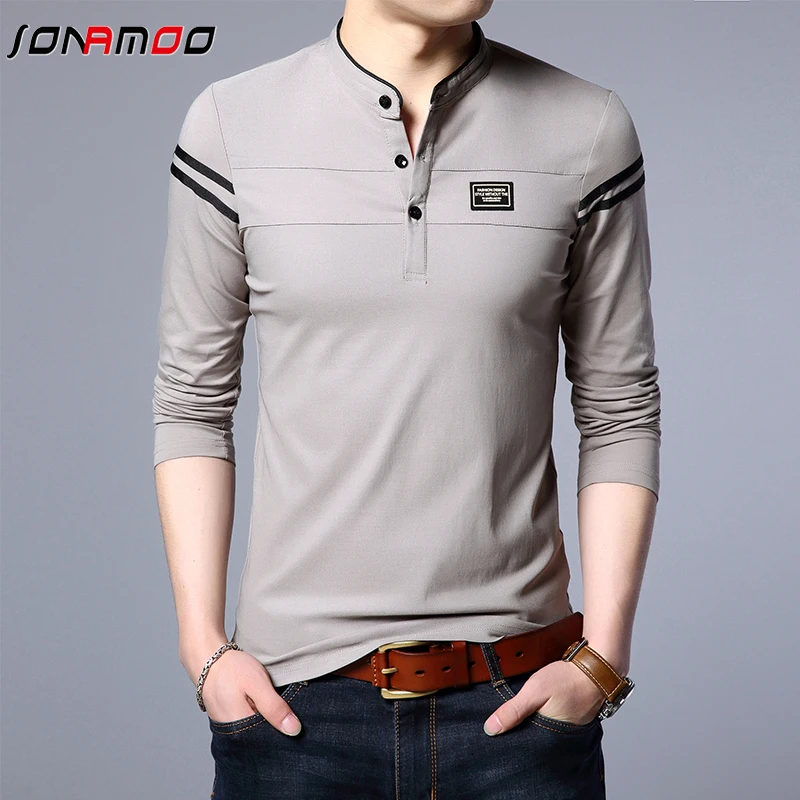 Men\'s Fashion Summer Long Sleeved POLO T-shirt Casual Cotton Breathable Top Stand Up Neck Long Sleeve Korean Comfortable Shirt