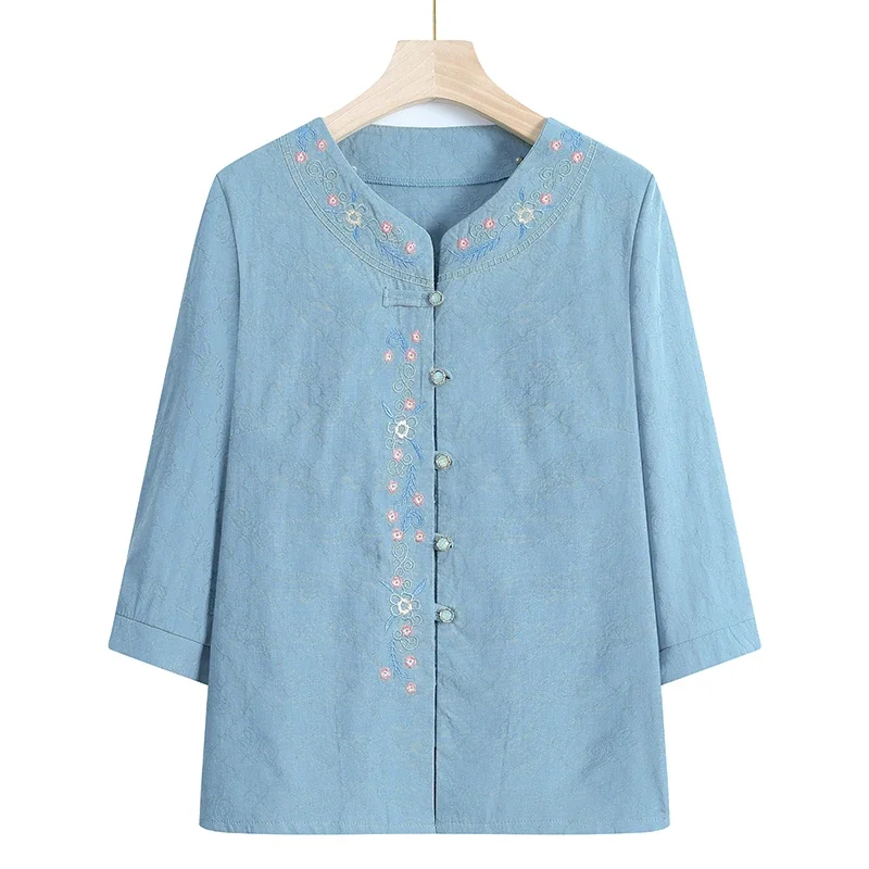 

Elderly Women's Floral Embroidered Blouse Summer Three Quarter Sleeve Casual Shirt