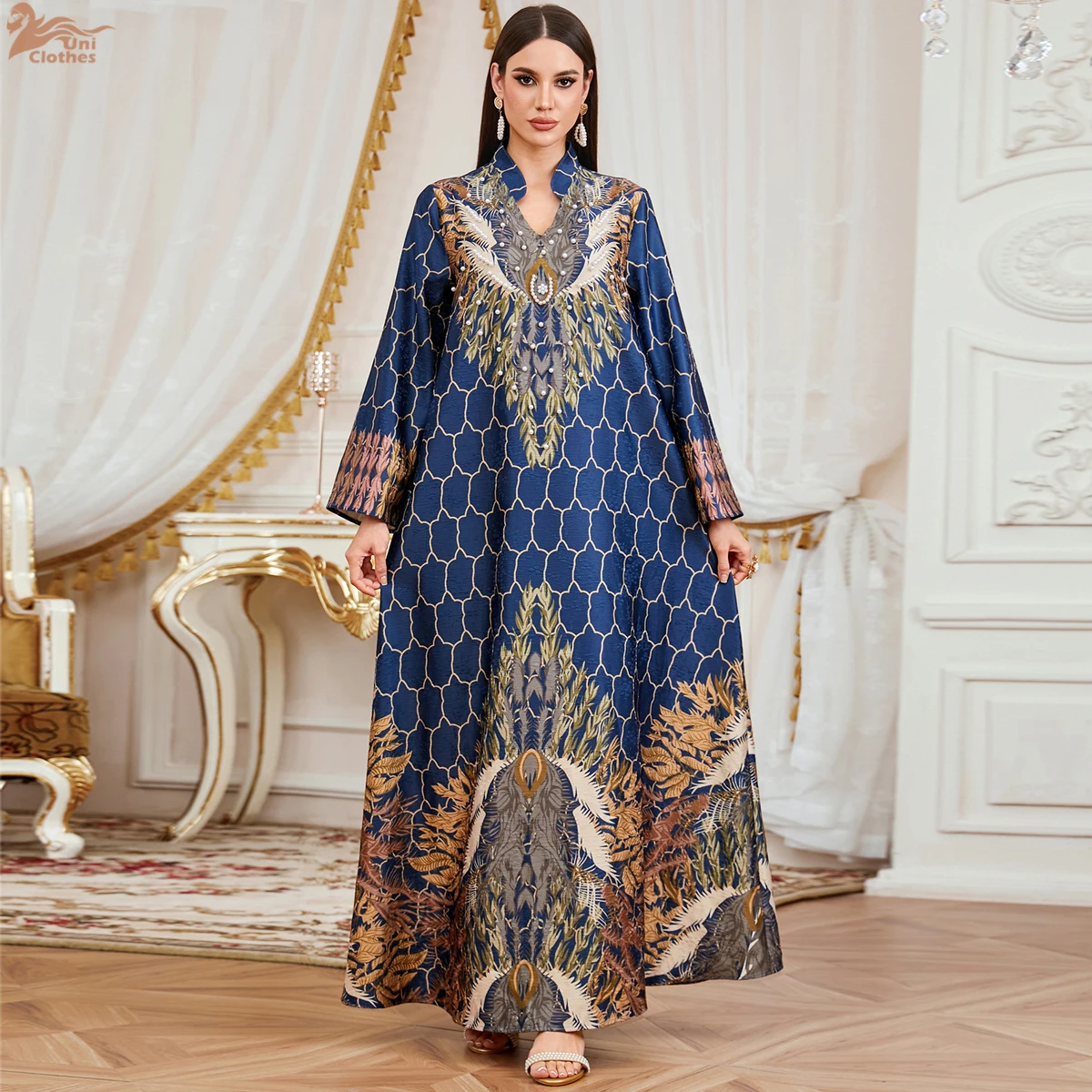 

Uni Новые платья макси с цветочным принтом и бисером, марокканское роскошное женское вечернее платье, кафтан с длинными рукавами 2026