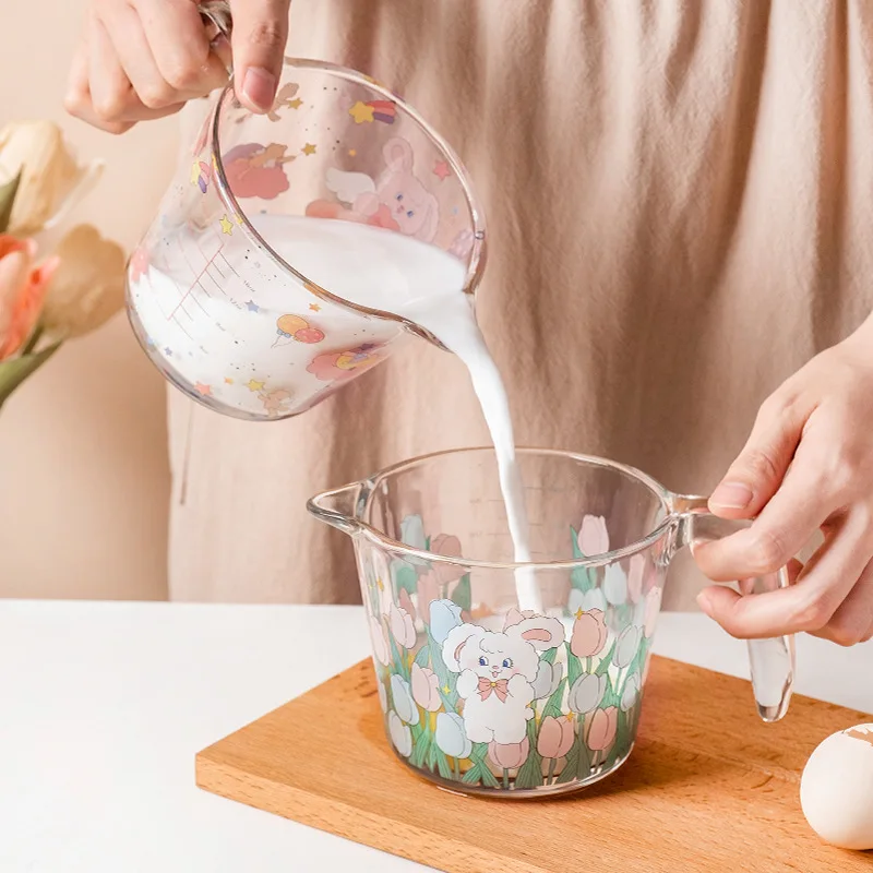 Rabbit Cute Glass Measuring Cup with Handle Glass Milk Juice Cup Scale Jars Household Kitchen Gadgets Baking Cooking Tool