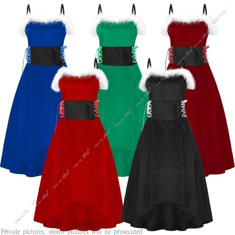 Christmas Costume Woman Dress Adult Evening Dress Red Black Green Blue Christmas Dress Breast Wrap Dress Downy Cosplay Party