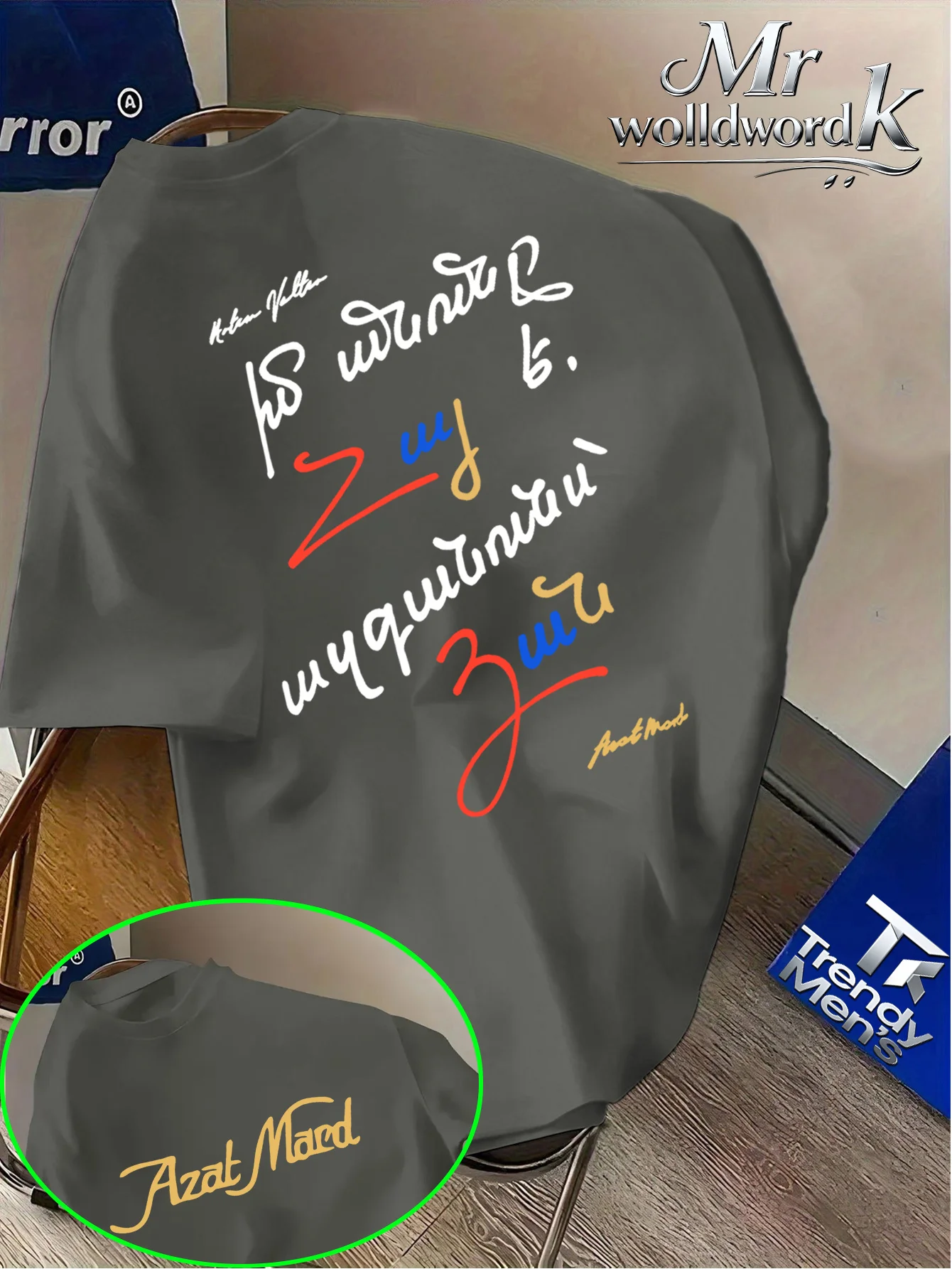 Summer Street Cool Style Azat Mard T-Shirt mit buntem handgeschriebenen Schriftzug-Aufdruck, Rundhalsausschnitt, kurzärmeliges Oberteil, locker und atmungsaktiv – Detail 5