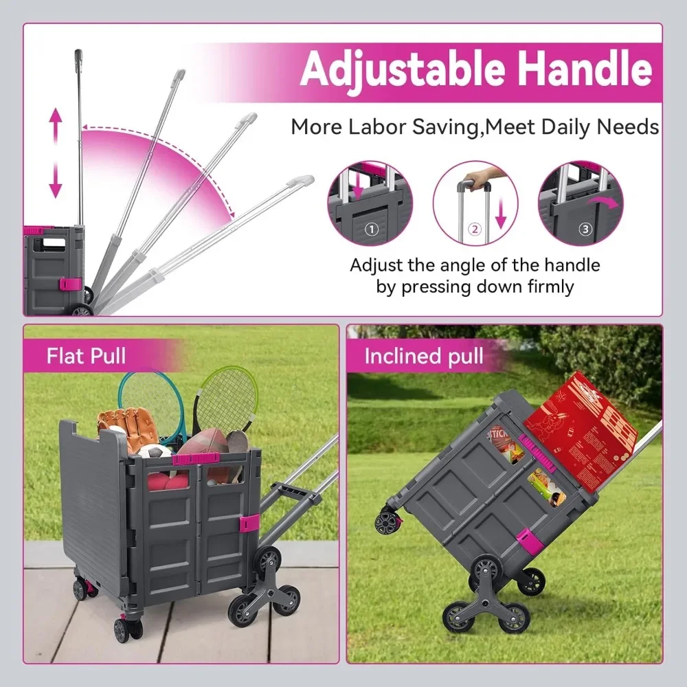 Foldable Utility Cart w/Stair Climbing Wheels, Collapsible Rolling Crate w/Magnetic Lid, Adjustable Telescoping Handle