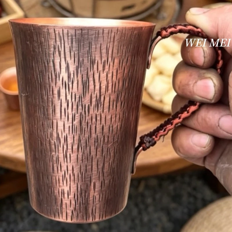 Handcrafted Pure Copper Coffee Mug,Home 400 ml Breakfast Tea Mug,Vintage Engraving Tree Bark Texture Handle Tea Cup Drinkware