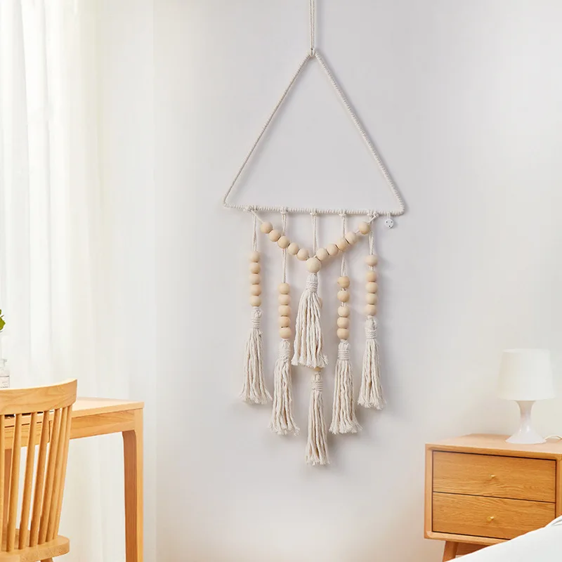 Natural Cotton Macrame Tassel Tapestry, Triangle Wooden Bead Boho Wall Hanging for Home Bedroom Apartment Wall Art Decoration