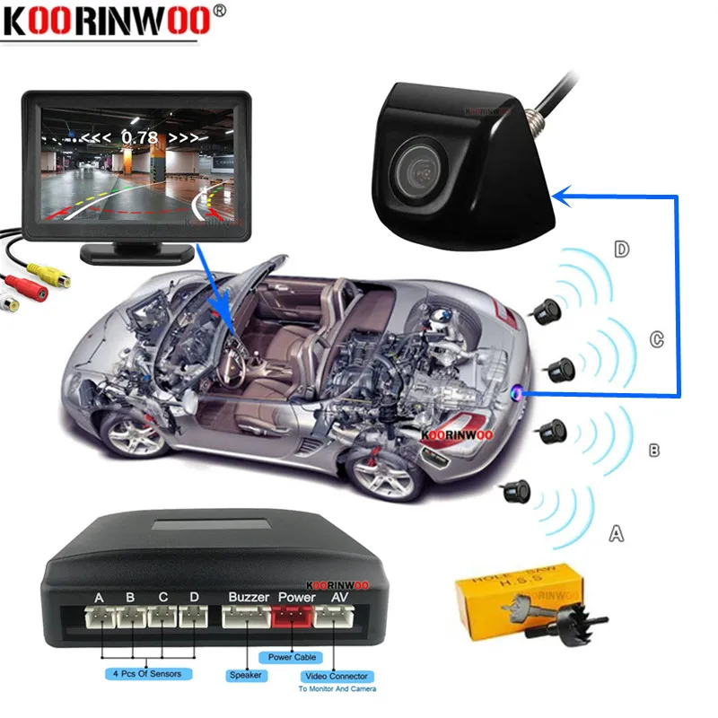 Koorinwoo Parking System Sensors For Cars Anti Radar Front And Rear Parking Sensors Security Camera + Monitor Rear View Camera