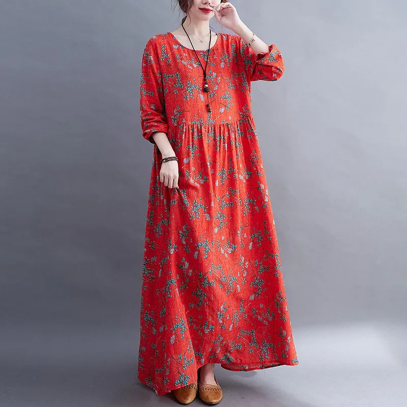 Ele العرقية طباعة طويلة الدكتور فضفاض المناسب المرأة حجم كبير ربيع الخريف جديد Sle المتدفقة رداء Sle ثوب القطن