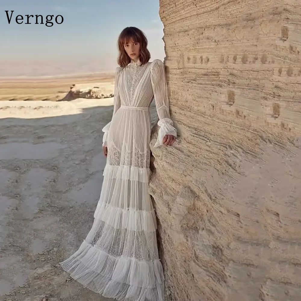 

Verngo Luxury Lace Evening Dress High Neck A line Full Sleeves Modern Prom Gowns Modest Formal Occasion Dresses Custmized