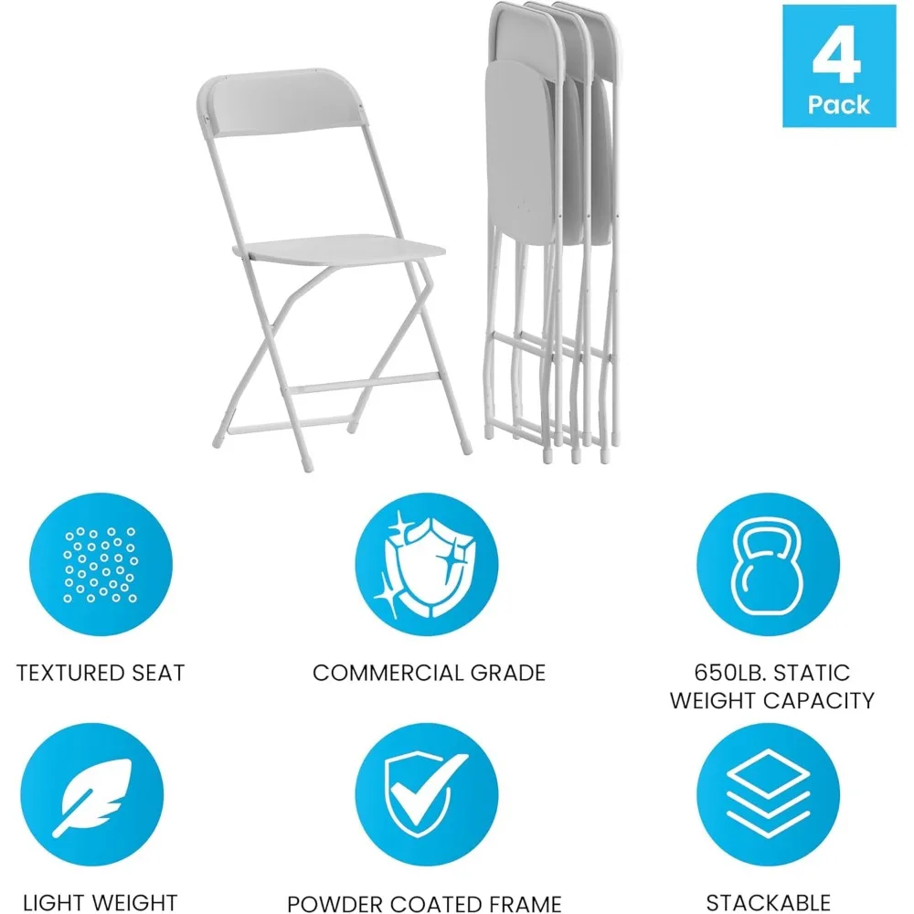 كرسي EMMA + OLIVER قابل للطي - بلاستيك أبيض - 4 عبوات كرسي مناسبات مريح بسعة 650 رطل - كرسي خفيف الوزن قابل للطي