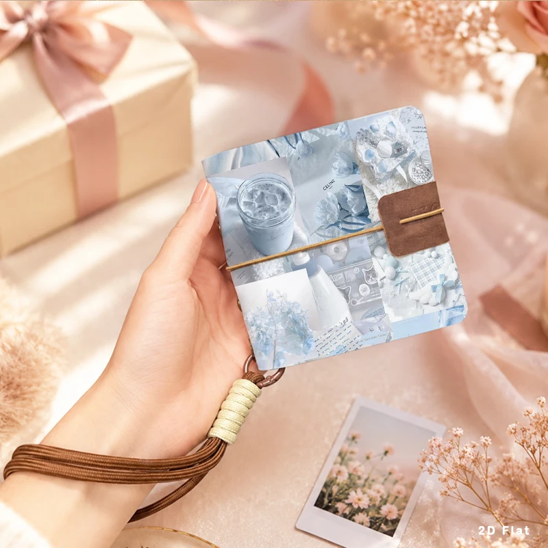 Soft Blue Tone Floral Drinks Collage Mini Photo Album Pocket Memory Book With Wrist Rope Photo Storage Album Birthday Holiday Gi