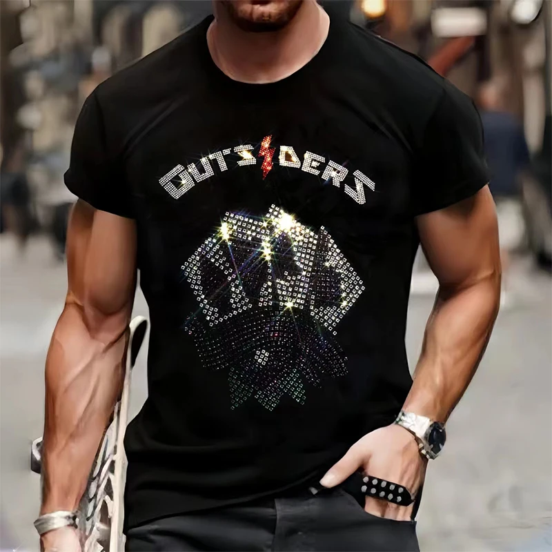 

Fashion Men's Quality T-Shirts Summer Casual Street Short Sleeve Poker Clothing Tee Tops O-Neck Rhinestone Breathable Tshirt Y2k