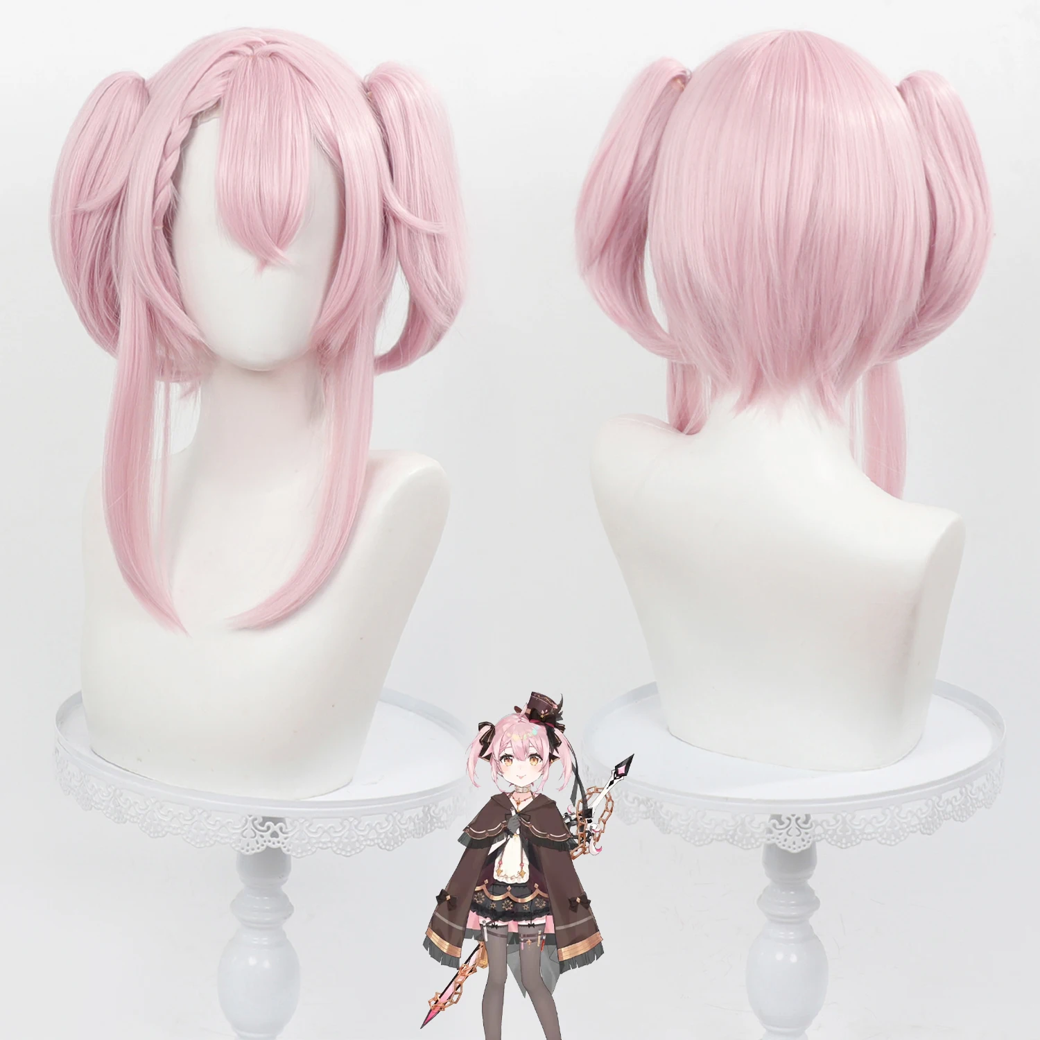 Pink Anime Cos Wig Detachable Claw Clip Twin Ponytails Heat Resistant Synthetic Fiber With Wig Cap For Women Halloween Costume