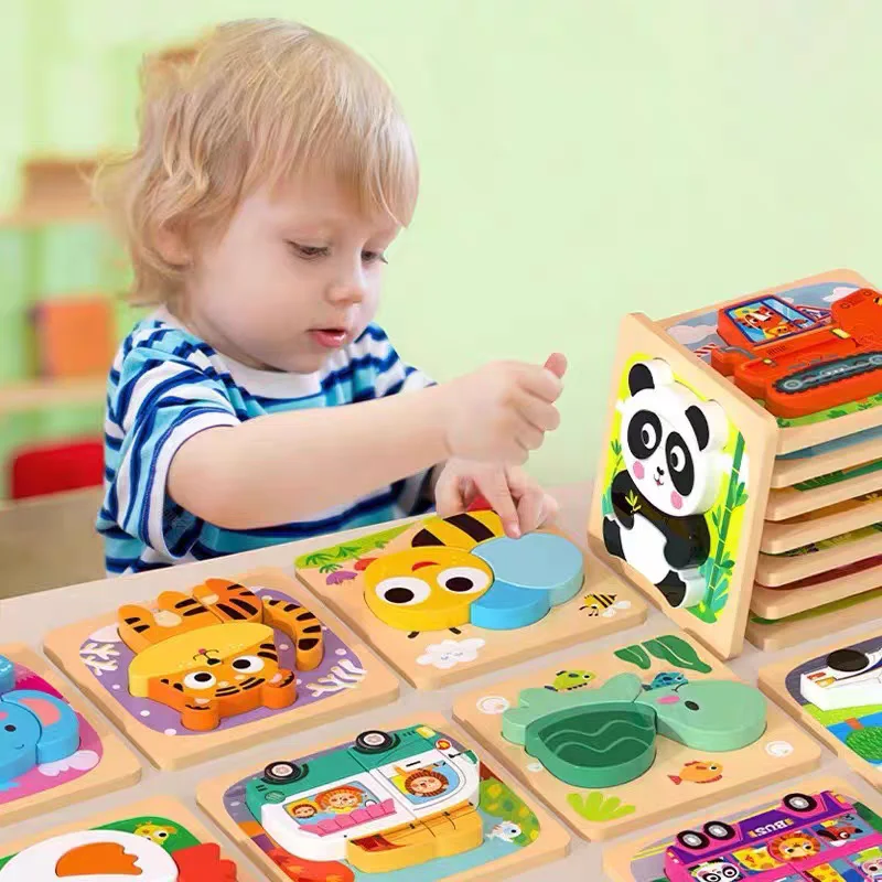 Montessorri Toys 3D Wooden Puzzles Boards Baby Toys Educational Toys Cartoon Vehicle Animals Bricks for Toddler 12 24 Months